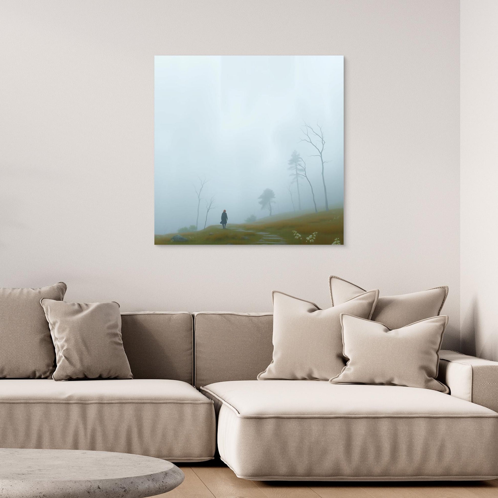 Into the Mist – Minimalist Canvas Wall Art of Woman Walking Through Foggy Landscape