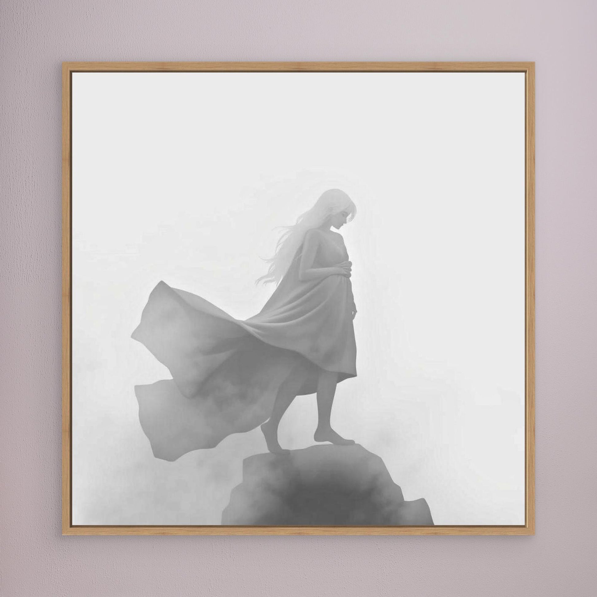 Veil of the Mist – Minimalist Black and White Canvas Wall Art of a Mysterious Woman in the Fog