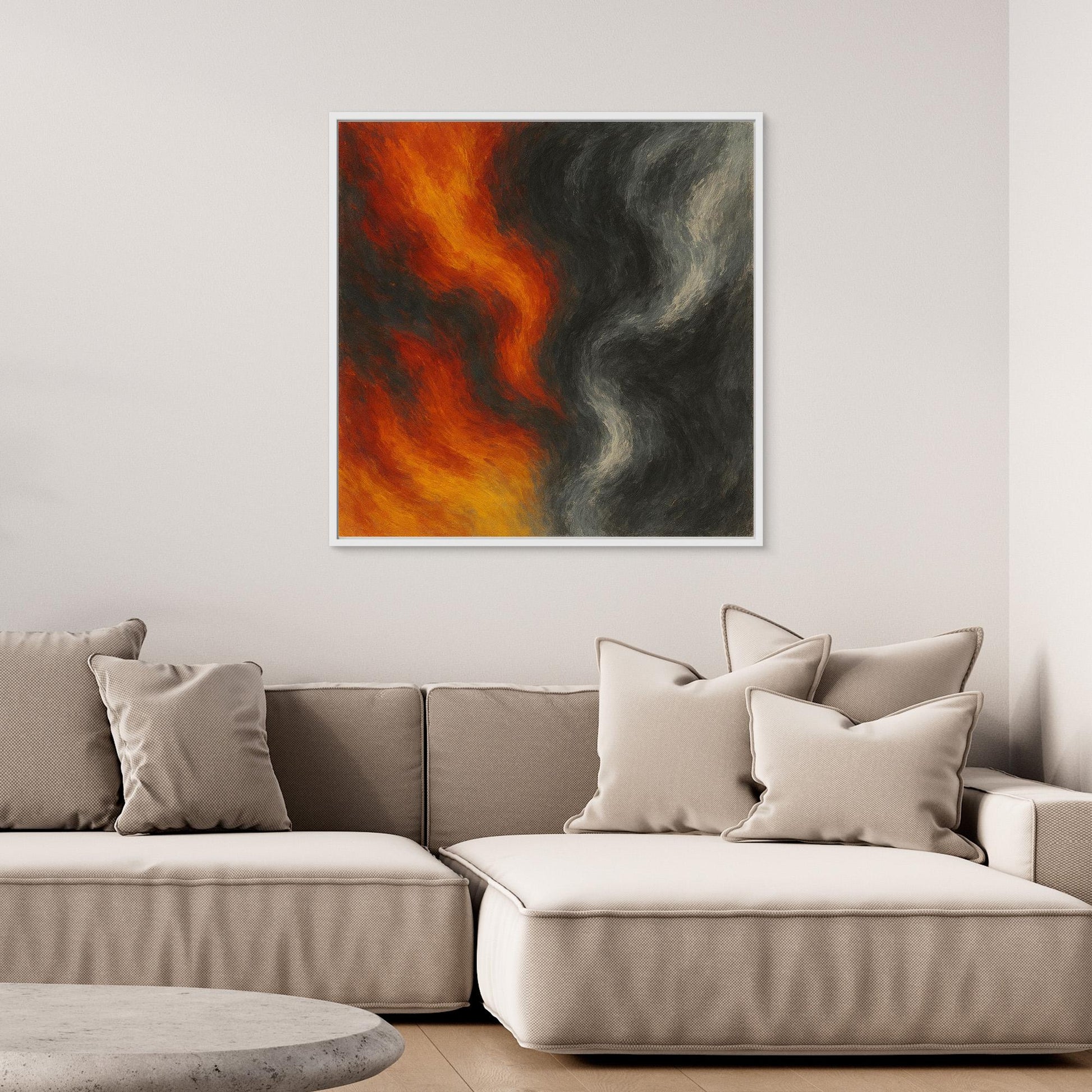 Elemental Flow – Fiery Red and Smoke Grey Abstract Canvas Print