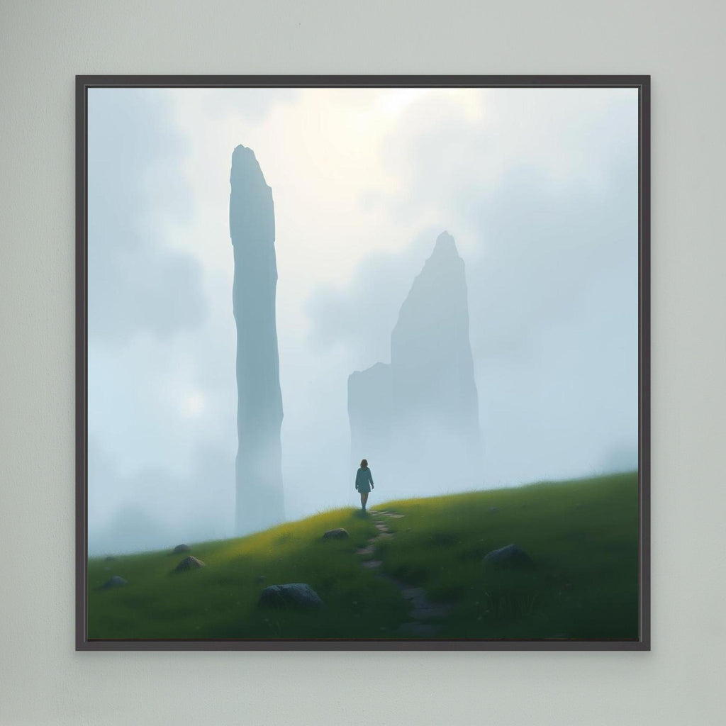 Wanderer of the Mist – Minimalist Nature Canvas Wall Art | Foggy Mountains & Lone Explorer Print