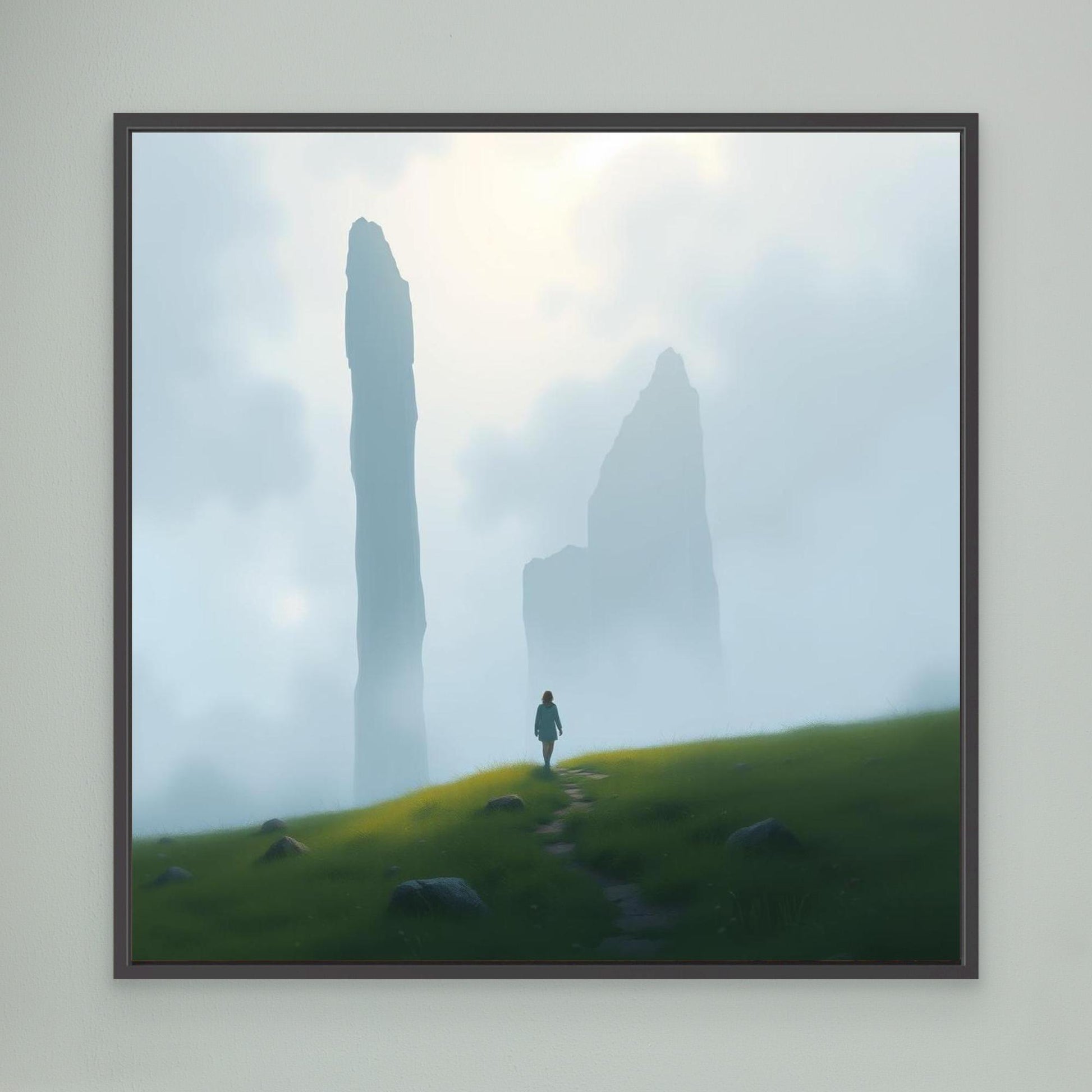 Wanderer of the Mist – Minimalist Nature Canvas Wall Art | Foggy Mountains & Lone Explorer Print