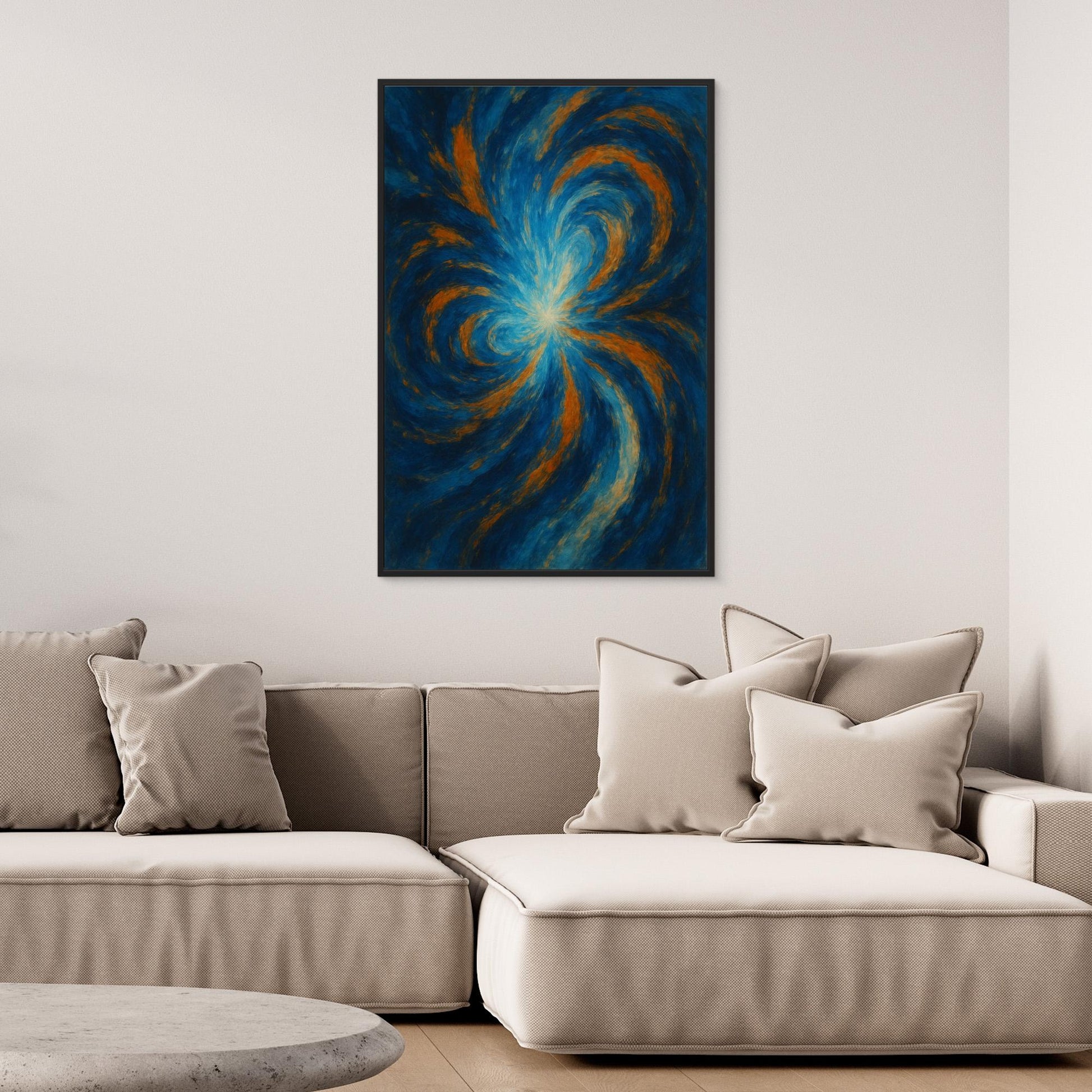 Blue and Orange Abstract Canvas Wall Art – Swirling Energy Print