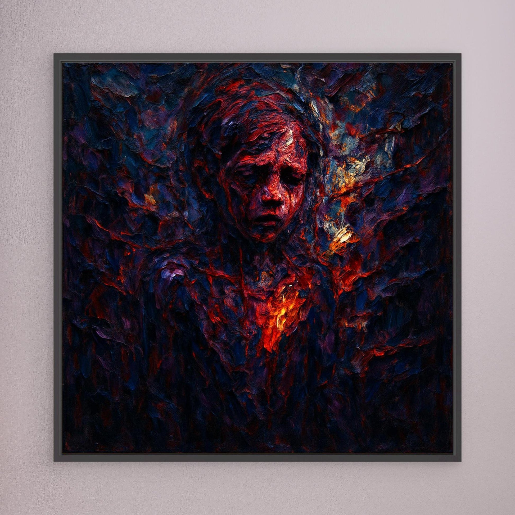 Figurative Fire Portrait – Dark Emotional Canvas Wall Art