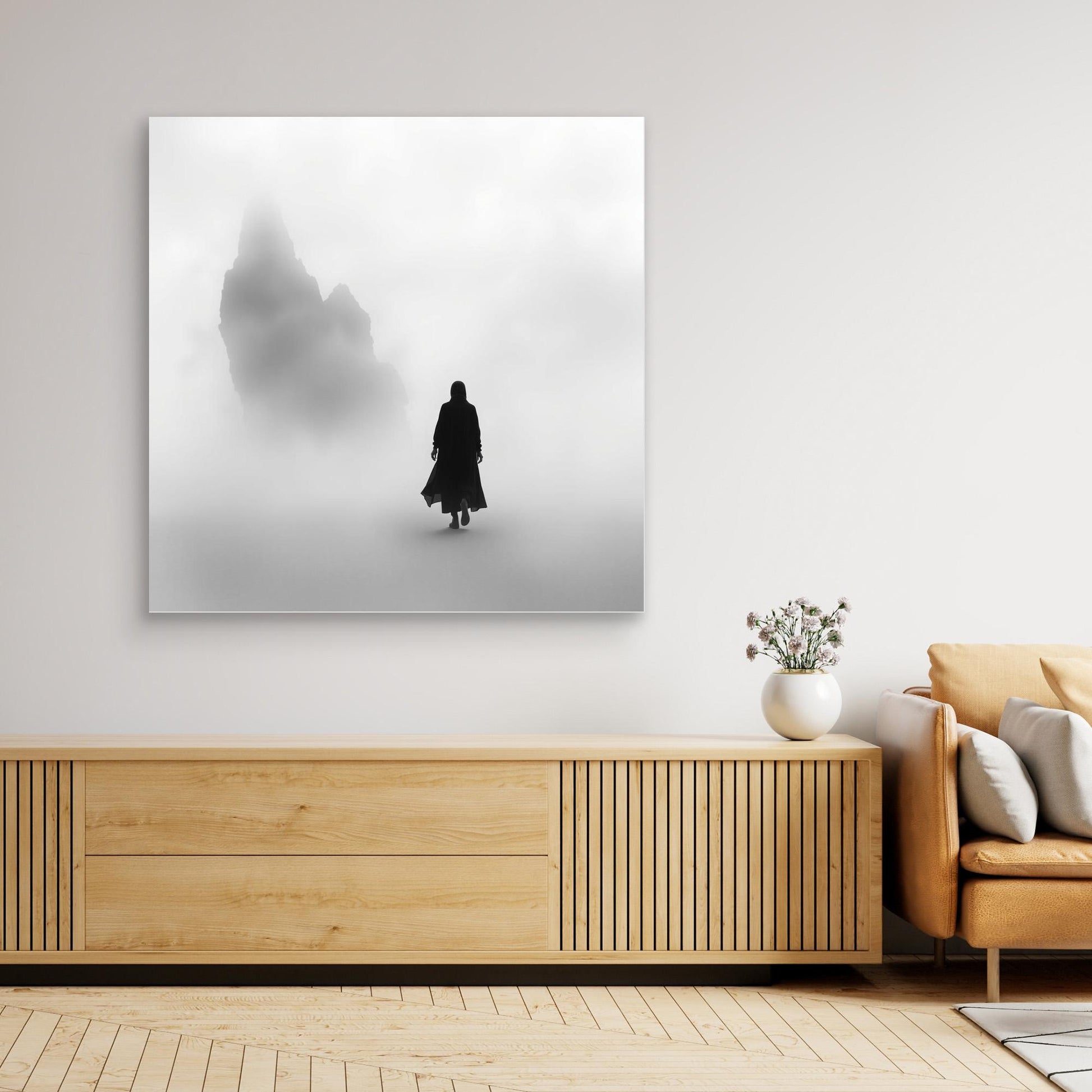 Into the Silence – Minimalist Black and White Canvas Art of Solitary Figure in Foggy Landscape
