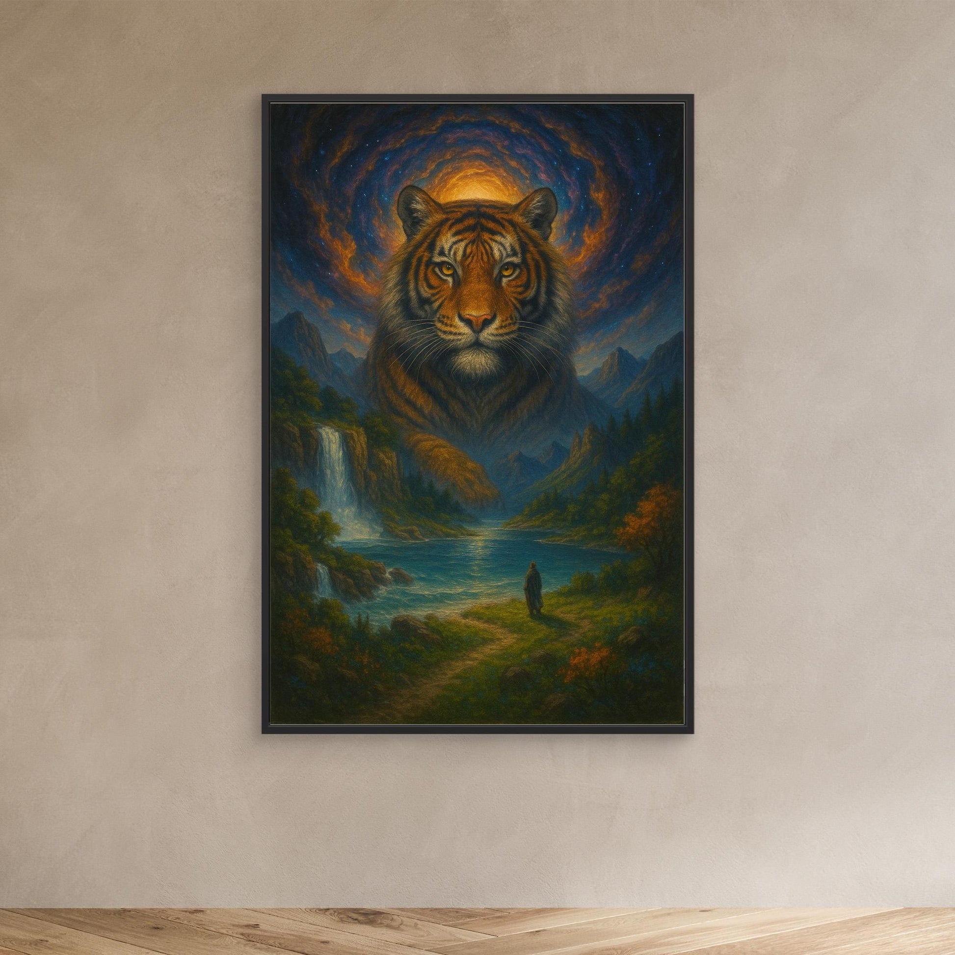 Mystic Tiger Spirit | Fantasy Canvas Wall Art of Majestic Jungle and Waterfall Landscape