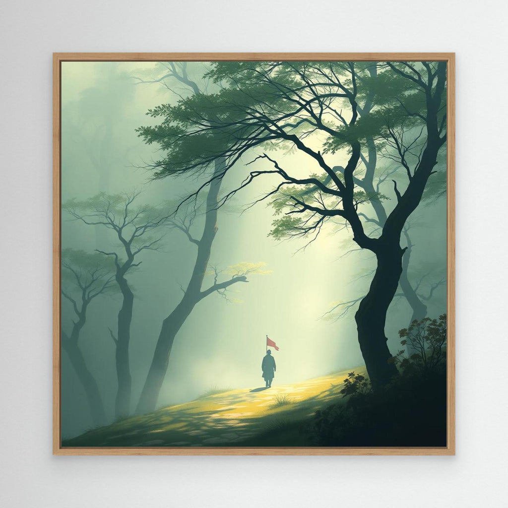 Path of Resolve – Minimalist Forest Canvas Wall Art with Lone Figure and Red Flag