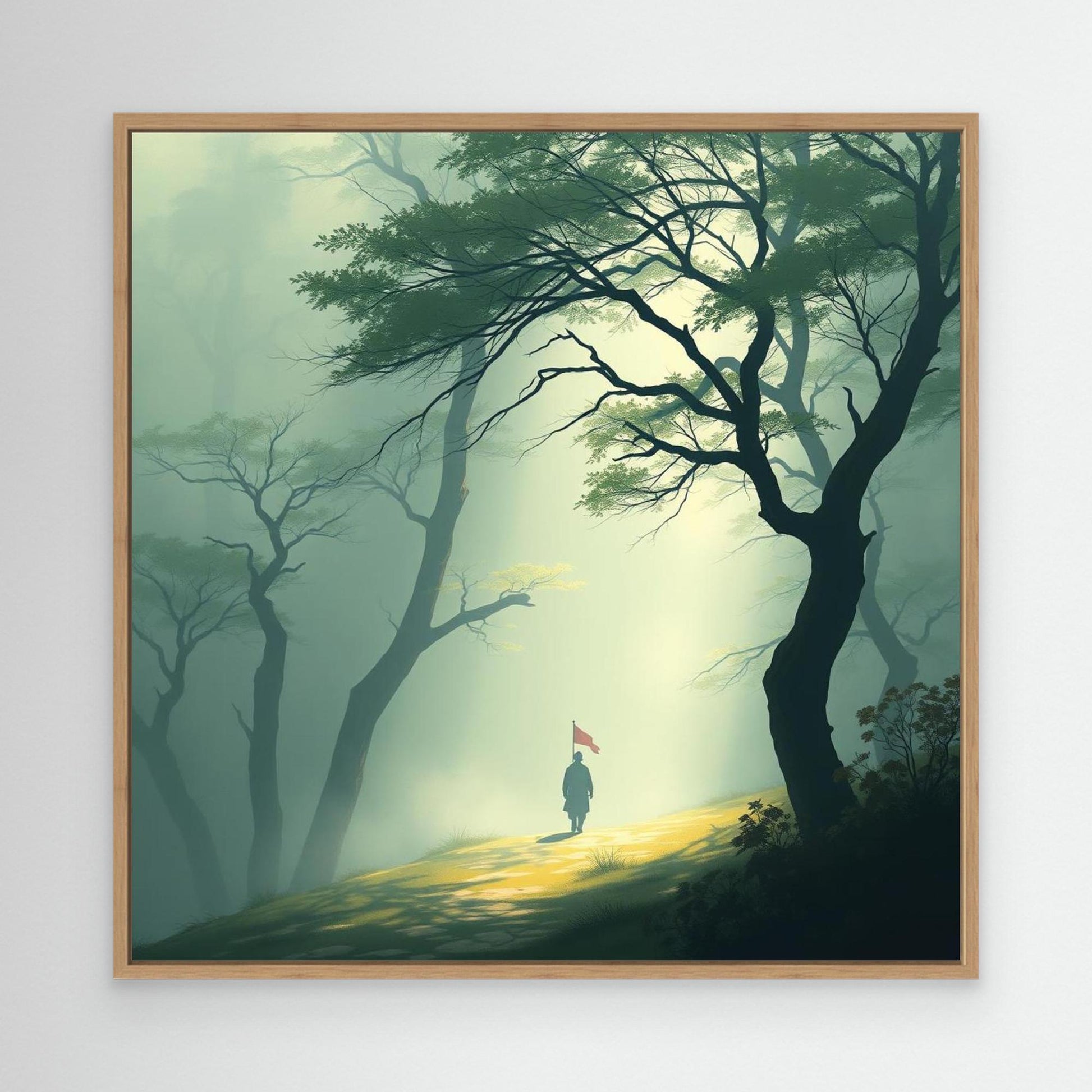 Path of Resolve – Minimalist Forest Canvas Wall Art with Lone Figure and Red Flag