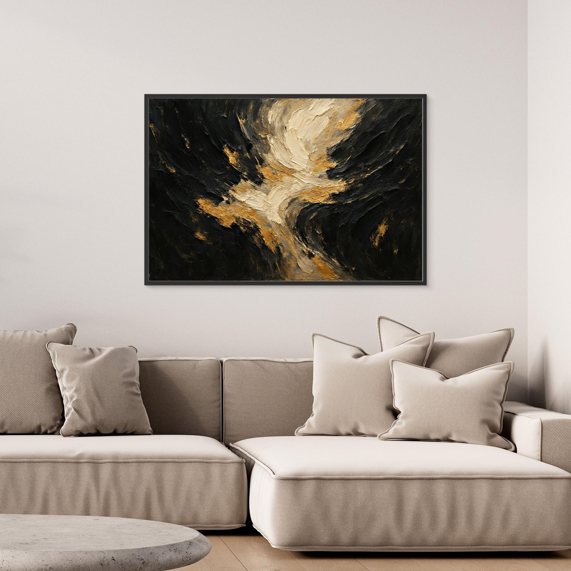 Gold and Black Textured Canvas Wall Art – Abstract Flow