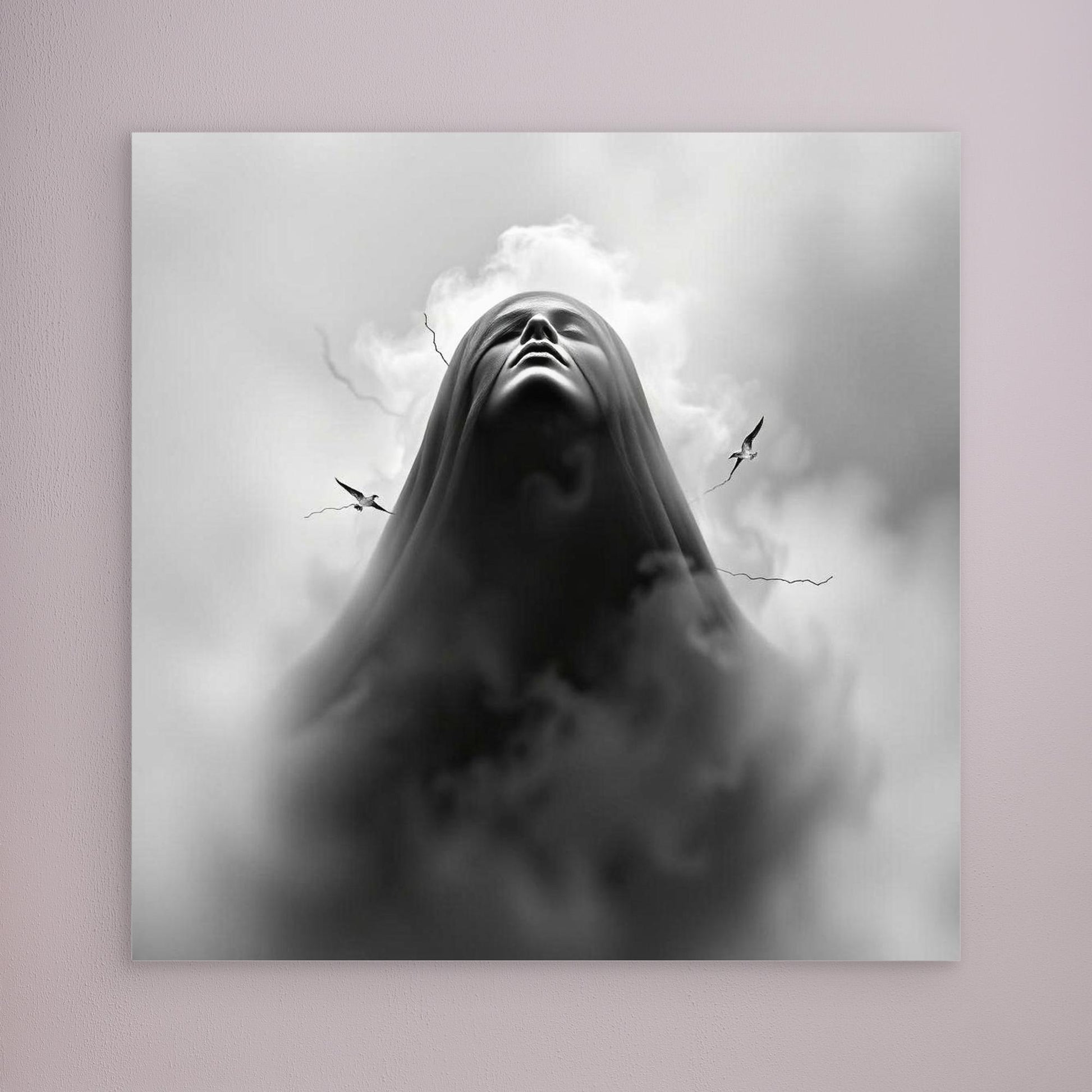 Ascension Through the Storm – Surreal Black and White Canvas Wall Art