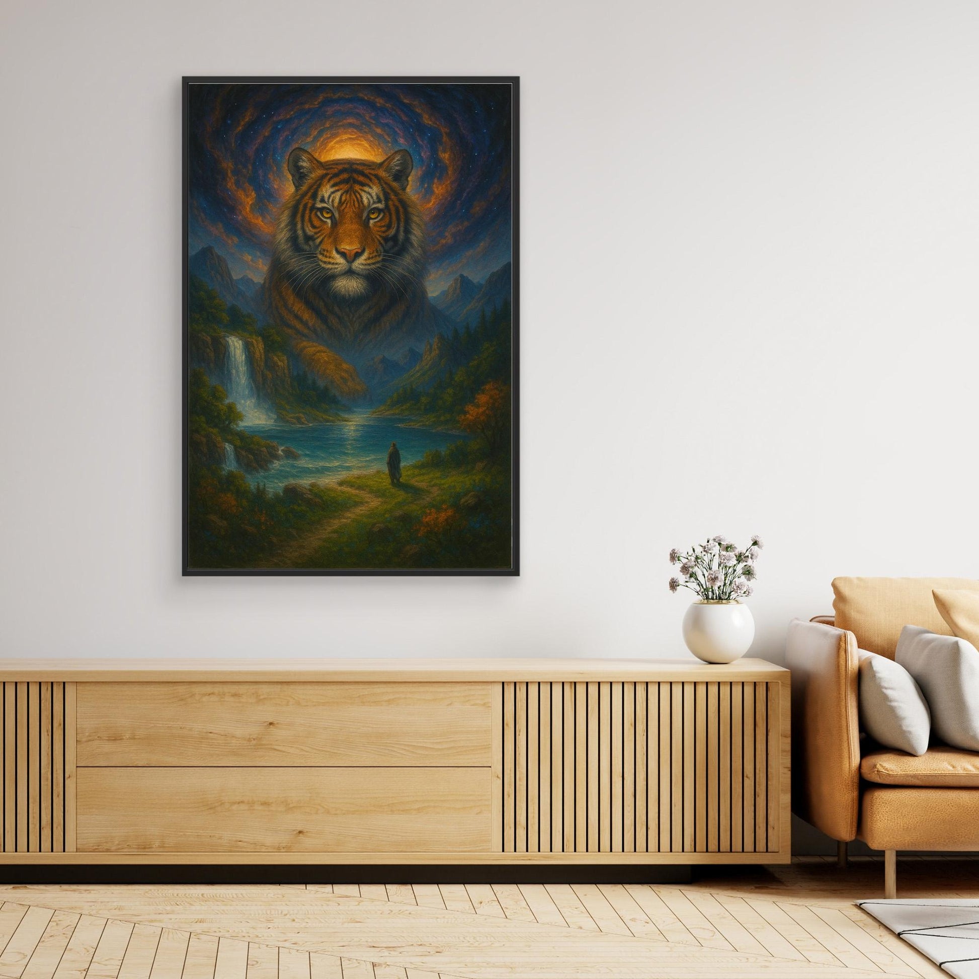 Mystic Tiger Spirit | Fantasy Canvas Wall Art of Majestic Jungle and Waterfall Landscape