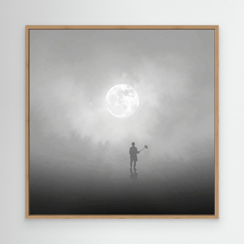 The Digger of Dreams – Minimalist Misty Landscape Art with Full Moon & Shovel Silhouette”